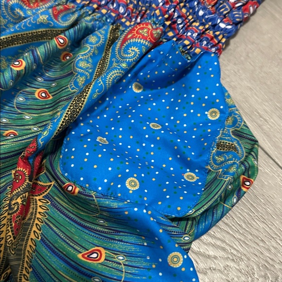 Lu’s Chic Bohemian Blue Peacock Print Pants one size - Picture 3 of 7